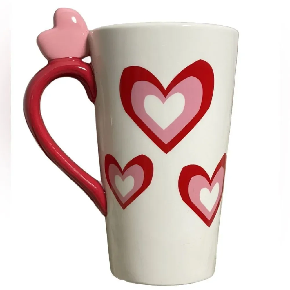 2011 Target Valentine’s Day Ceramic Coffee Mug with Red and Pink Hearts (6”H)